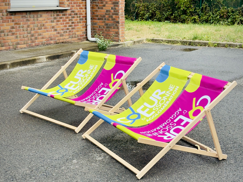 Transat double personnalisé, assise deux places, toile imprimée sur structure bois